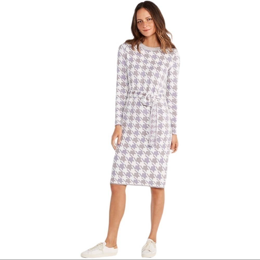 Ann Taylor Houndstooth Tie Waist Sweater Dress
